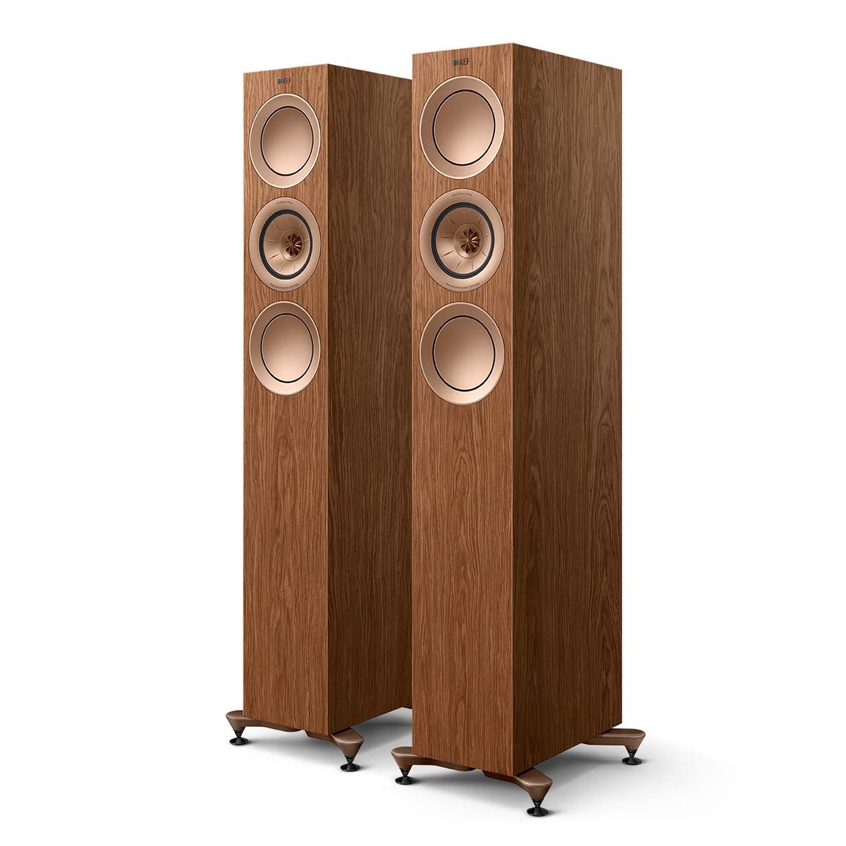 KEF R5 Meta Tower Speaker - Each walnut angled front view of pair without grilles