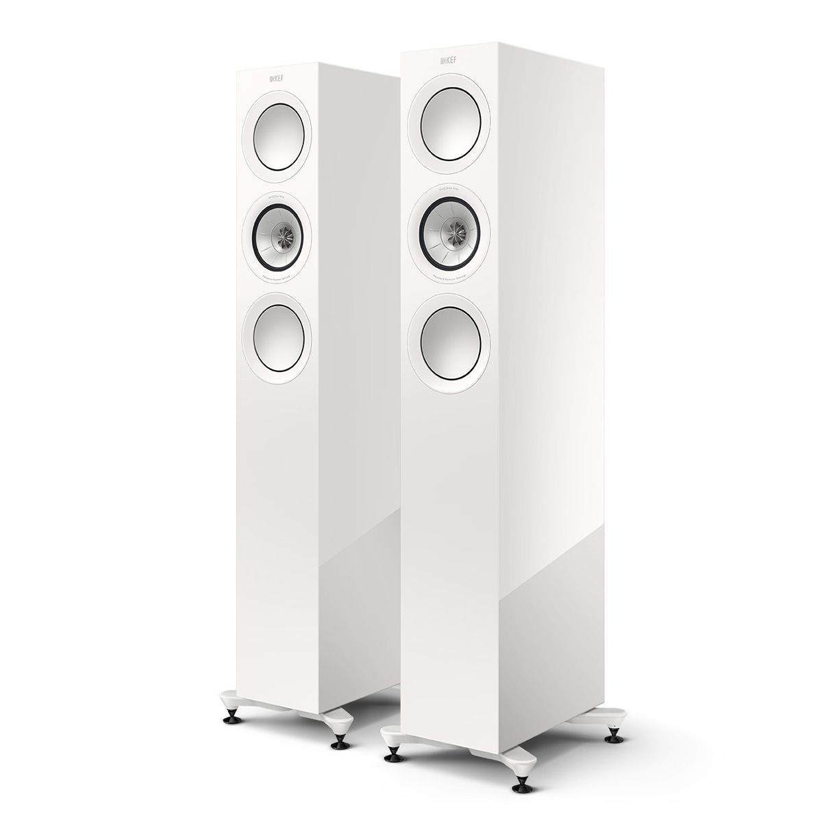 KEF R5 Meta Tower Speaker - Each white angled front view of pair without grilles