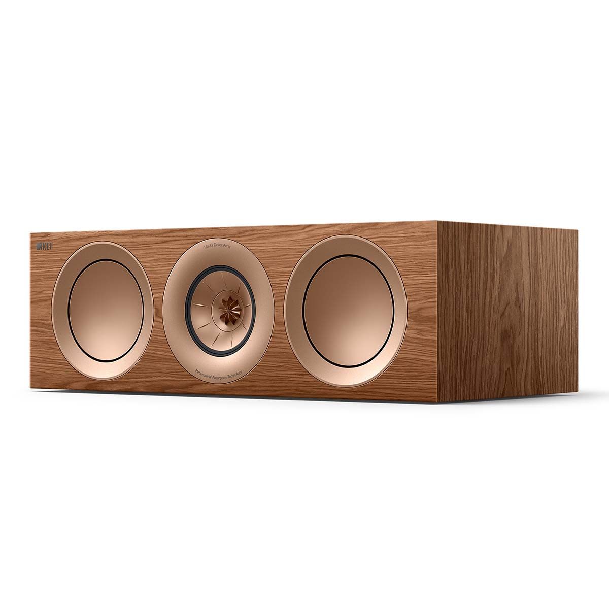 KEF R6 Meta LCR Speaker - Each walnut angled front view without grille