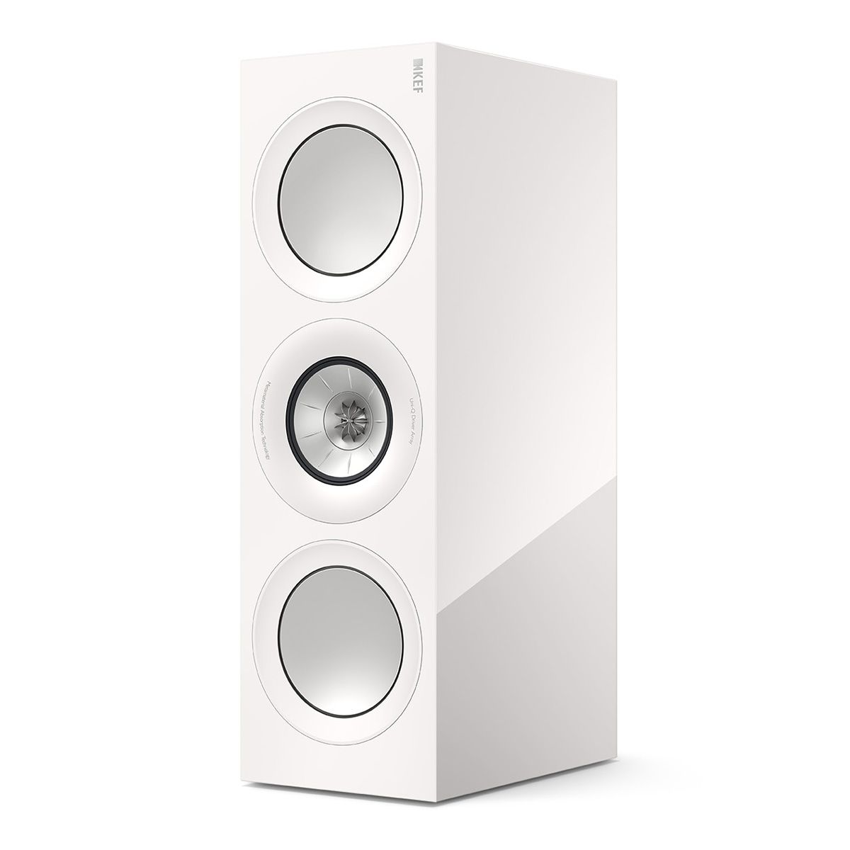 KEF R6 Meta LCR Speaker - Each white angled front view in vertical orientation without grille