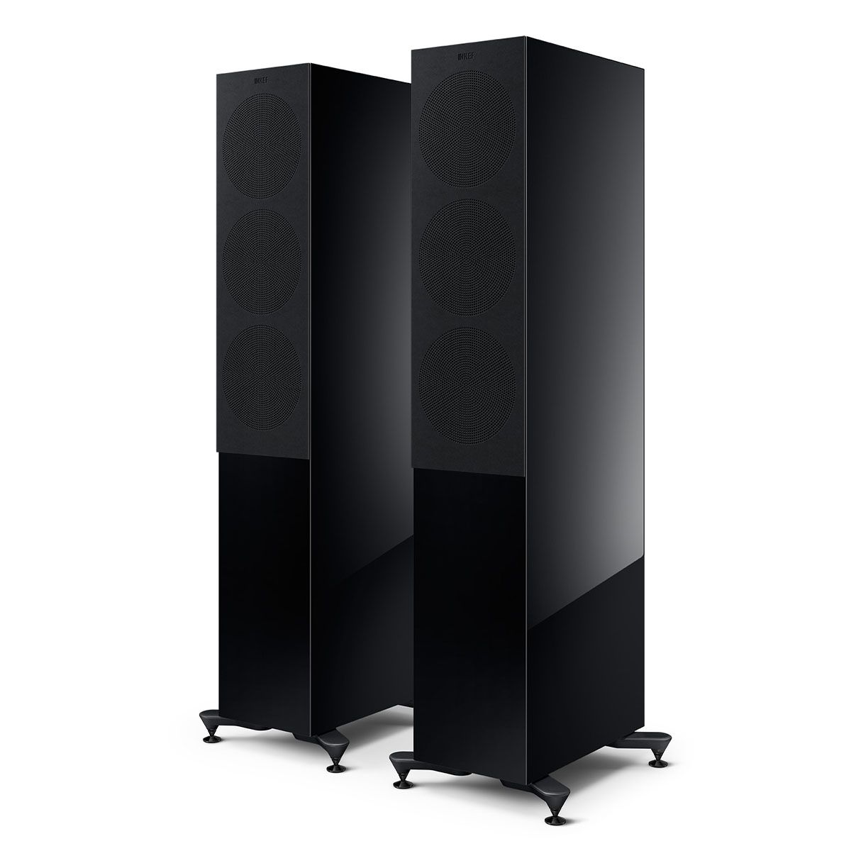 KEF R7 Meta Tower Speaker - black angled front view of pair with grilles
