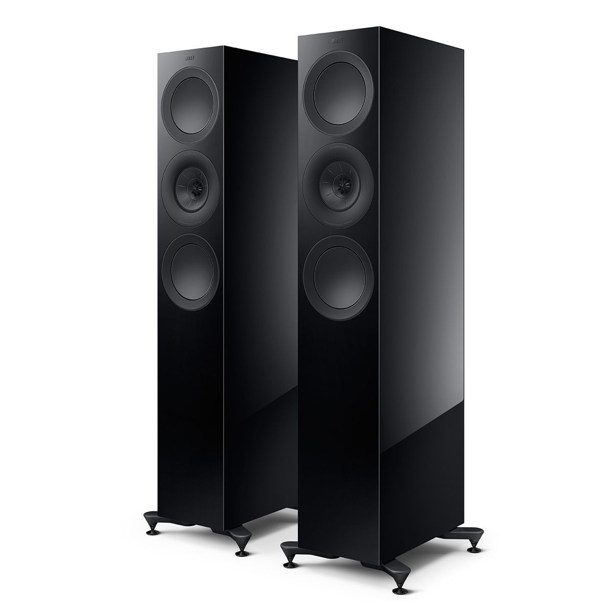KEF R7 Meta Tower Speaker - black angled front view of pair without grilles