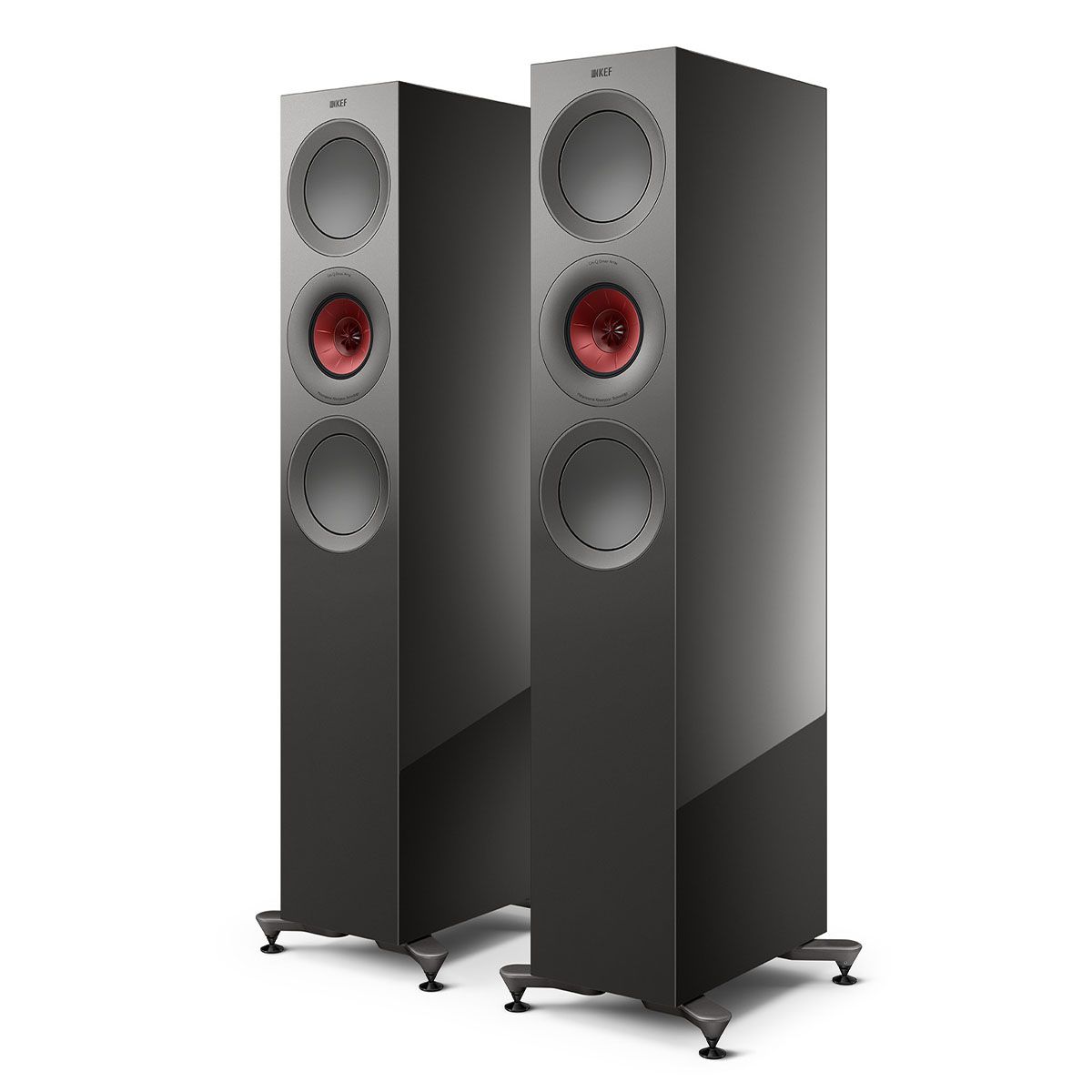 KEF R7 Meta Tower Speaker - gloss titanium special edition angled front view of pair without grilles
