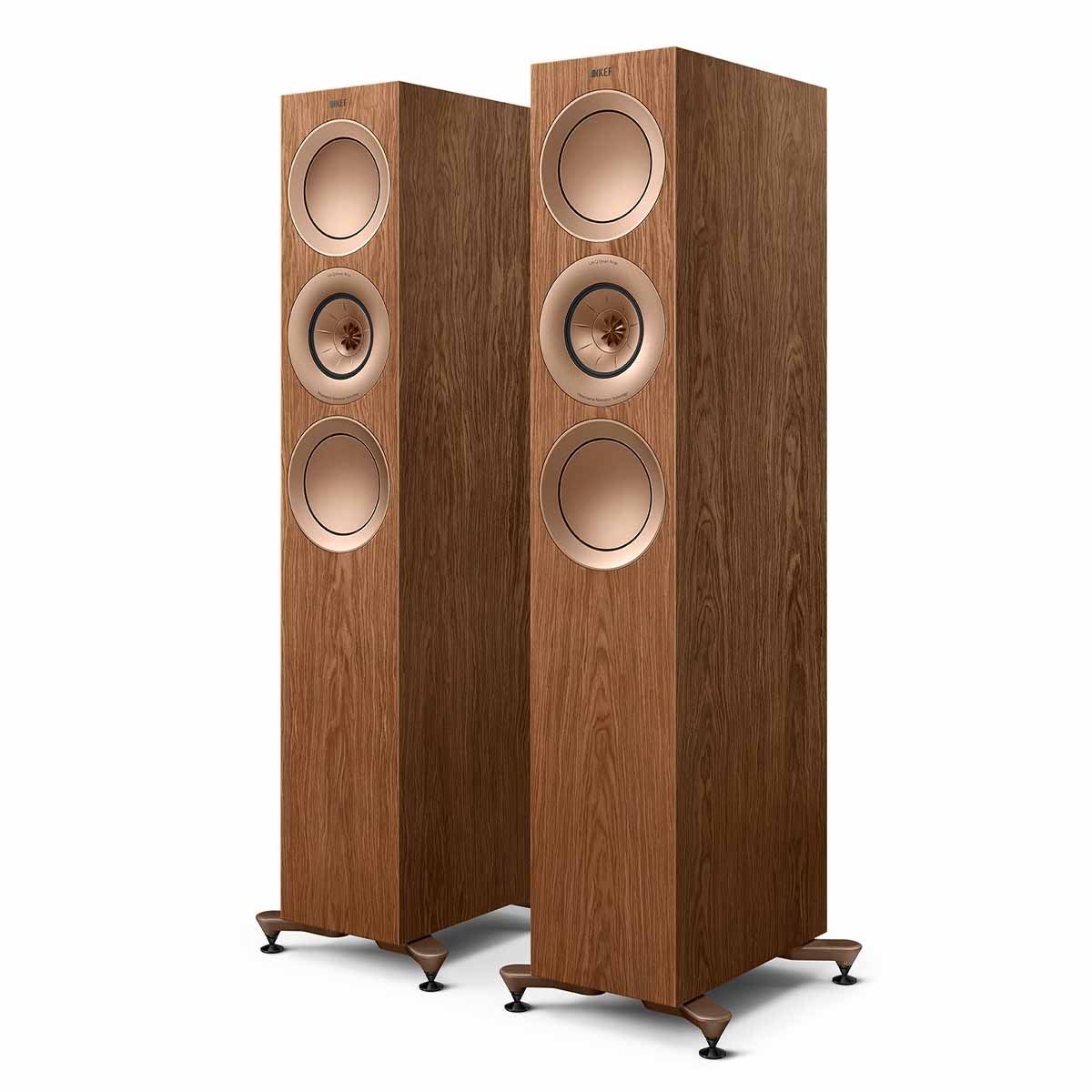 KEF R7 Meta Tower Speaker - walnut angled front view of pair without grilles