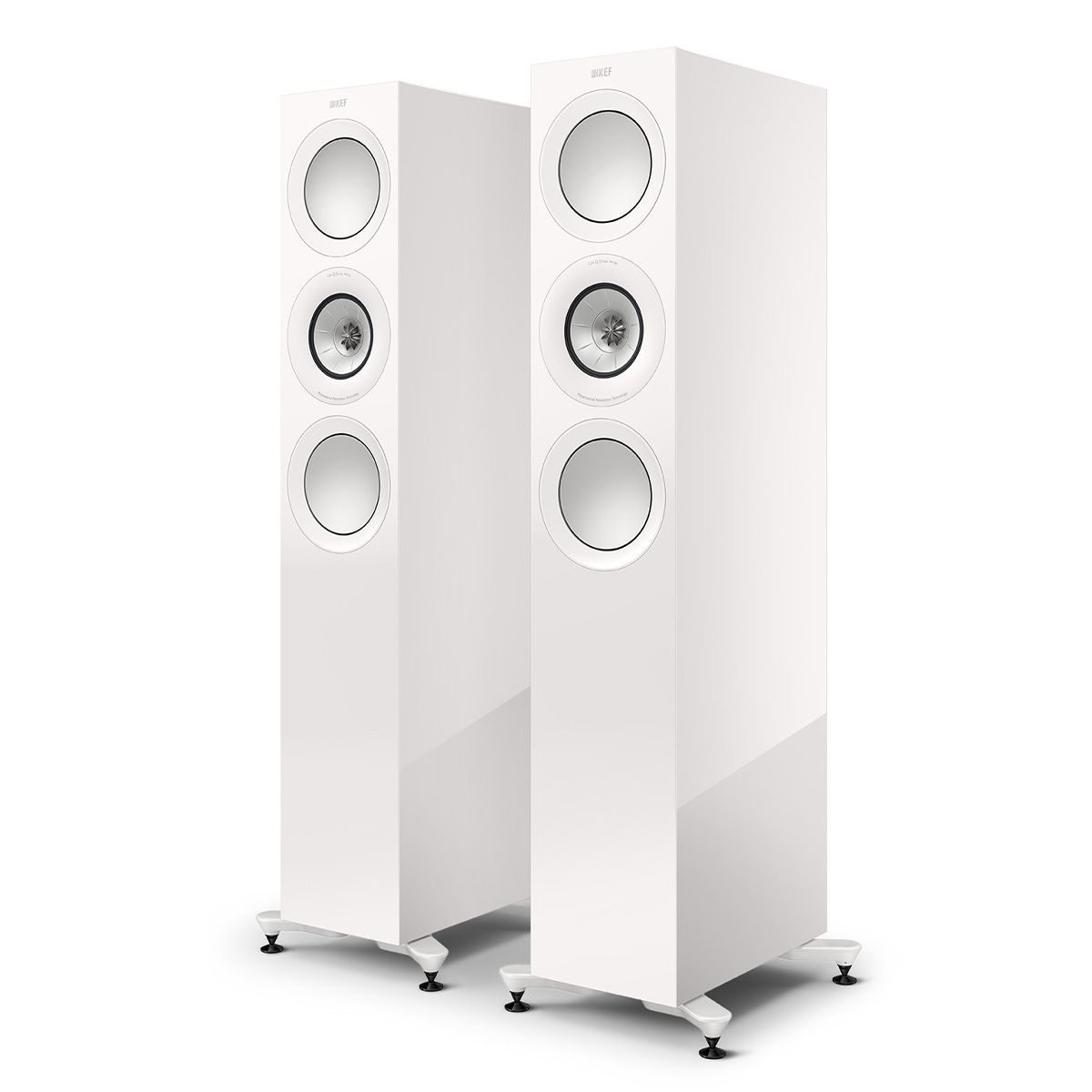 KEF R7 Meta Tower Speaker - white angled front view of pair without grilles