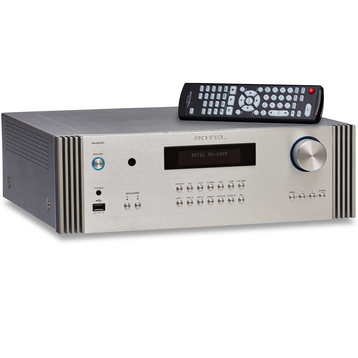 Rotel RA-6000 Integrated Amplifier - Silver - angled front view with remote