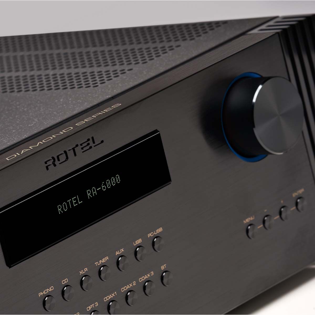 Rotel RA-6000 Integrated Amplifier - Black - close-up of display and volume control