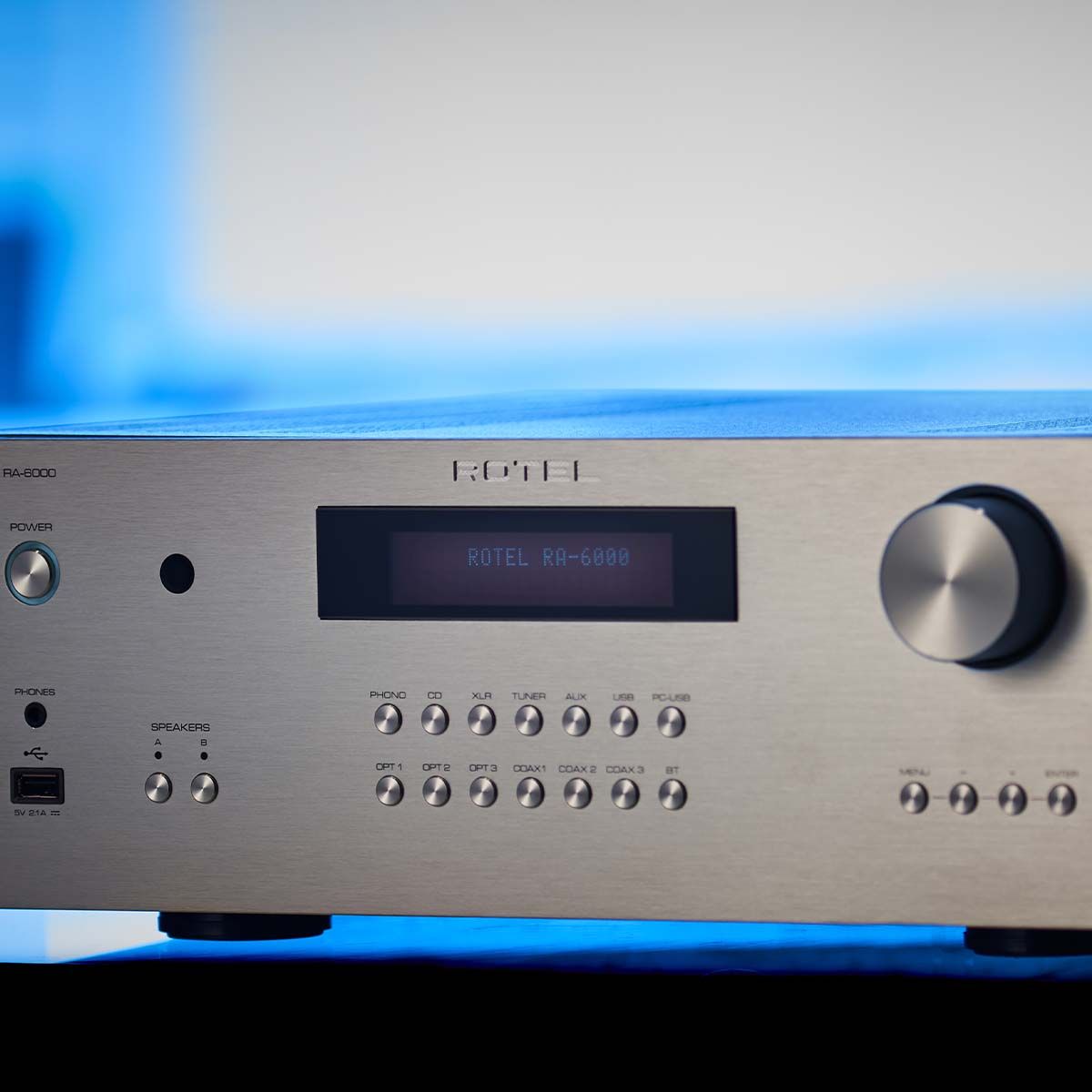 Rotel RA-6000 Integrated Amplifier - Silver - close-up of source buttons