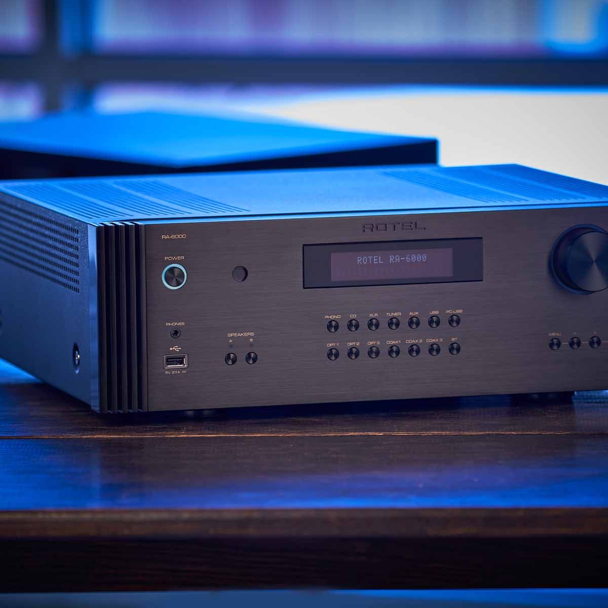 Rotel RA-6000 Integrated Amplifier - Black - angled front view sitting on table