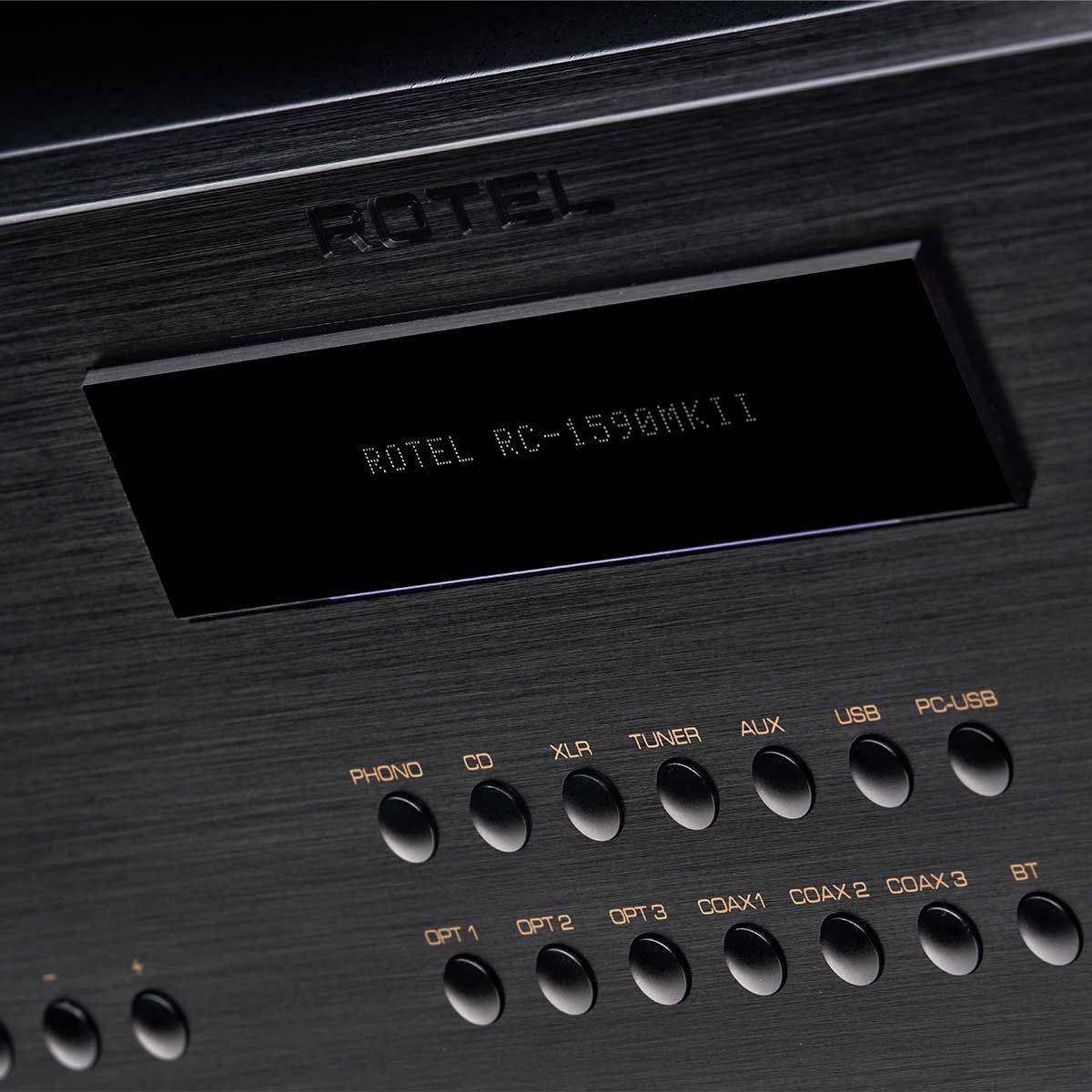 Rotel RC-1590 MKII Stereo Preamplifier, Black, detailed angle of display