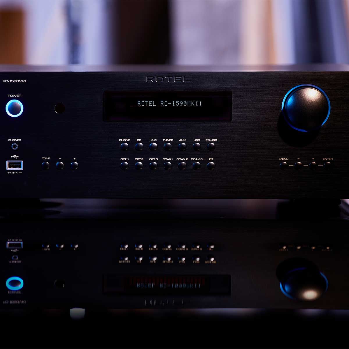 Rotel RC-1590 MKII Stereo Preamplifier, Black, stylized front view