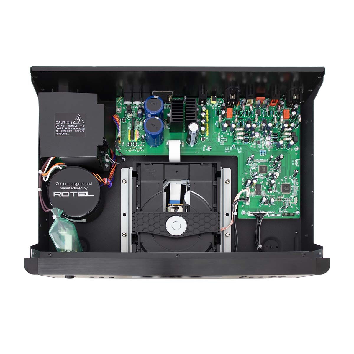 Rotel RCD-1572 MKII CD Player, Black, top view with internal components exposed