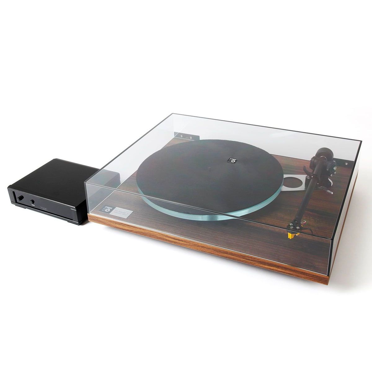 Rega Planar 3 50th Anniversary Edition Turntable - Walnut angled front view with dustcover closed and Neo PSU