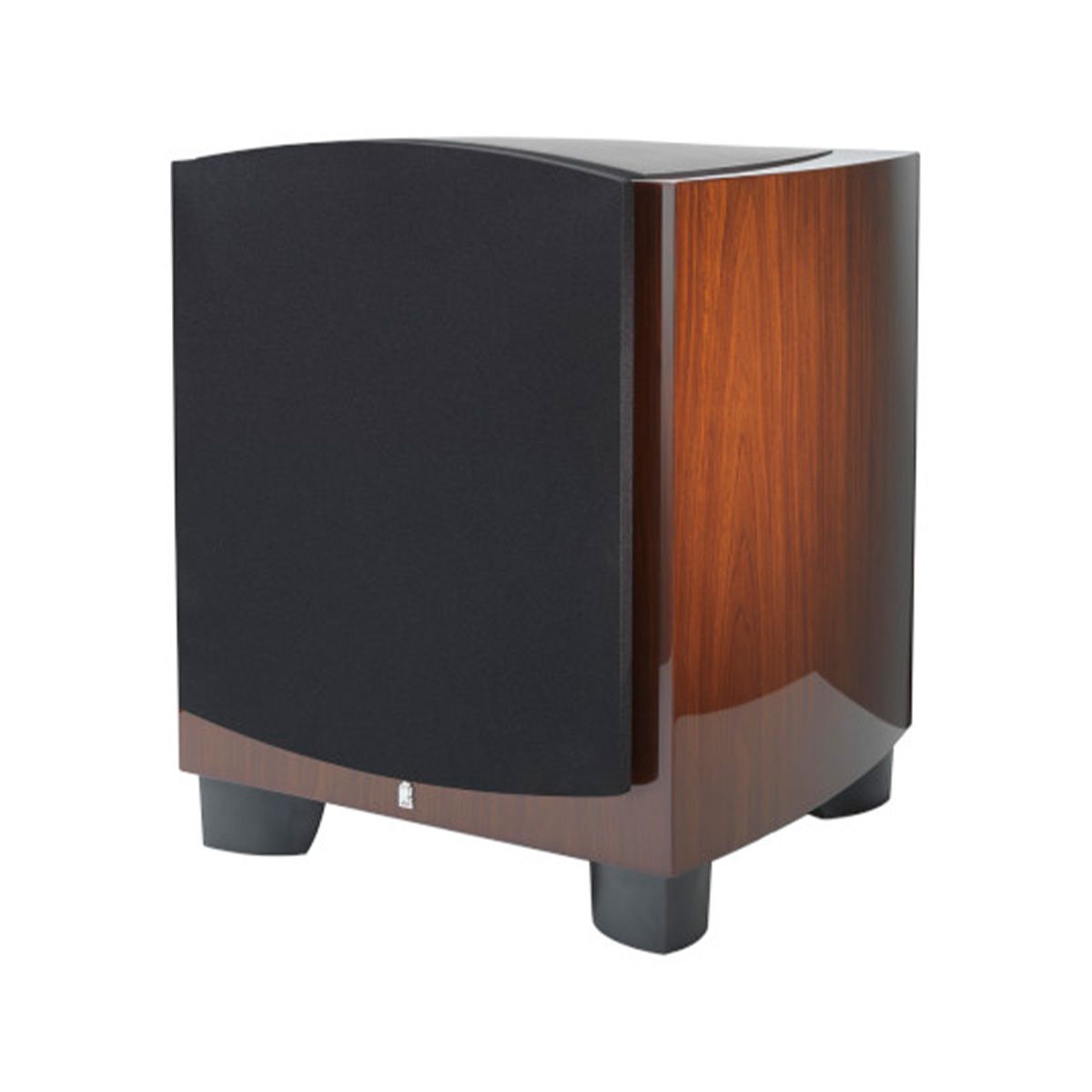 Revel B112v2 12” 1000W Powered Subwoofer - walnut single with grille - angled front view