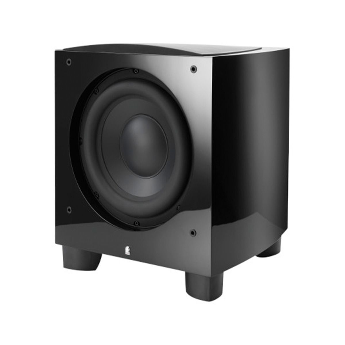 Revel B112v2 12” 1000W Powered Subwoofer - black single without grille - angled front view