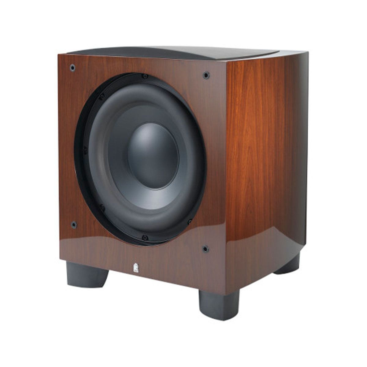 Revel B112v2 12” 1000W Powered Subwoofer - walnut single without grille - angled front view