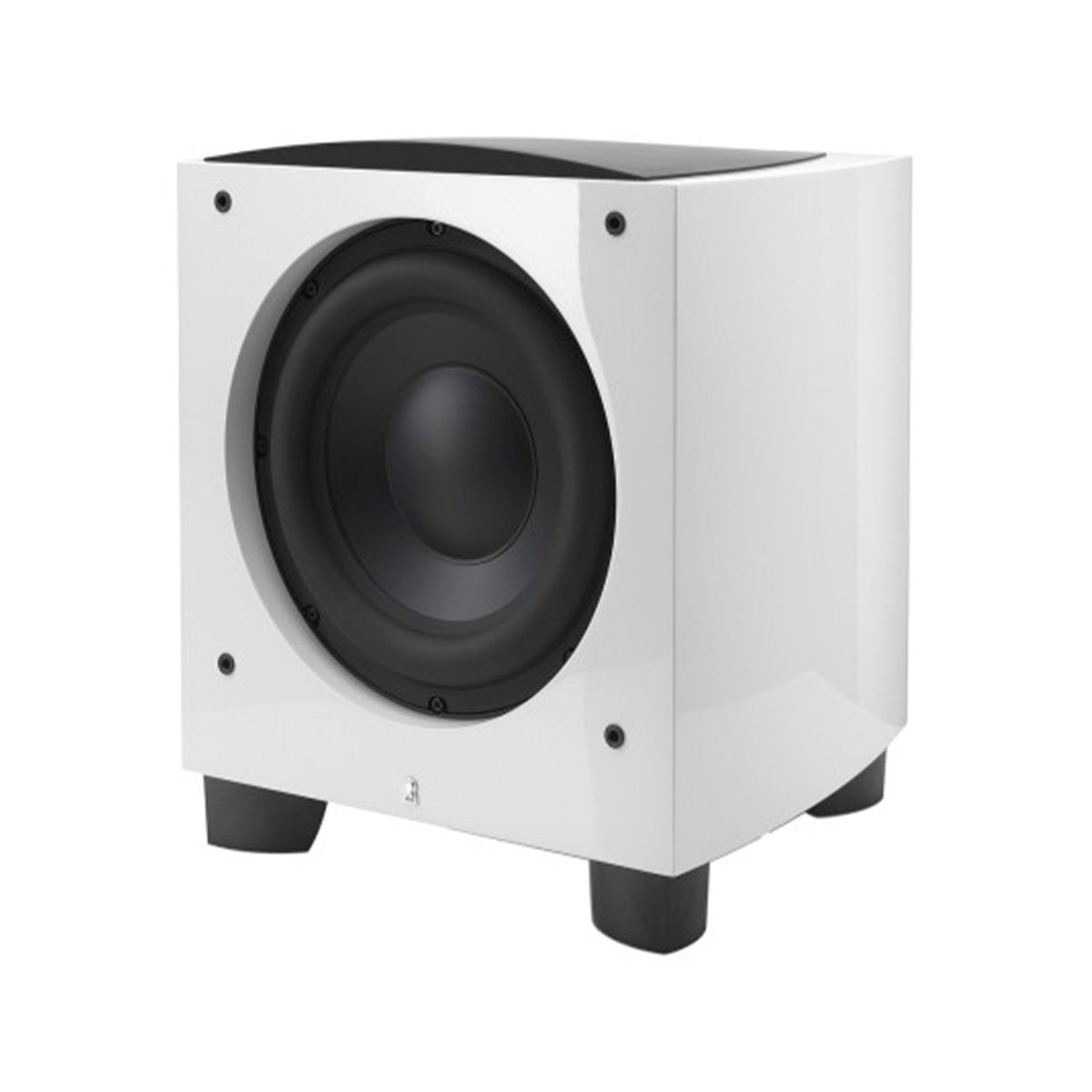 Revel B112v2 12” 1000W Powered Subwoofer - white single without grille - angled front view