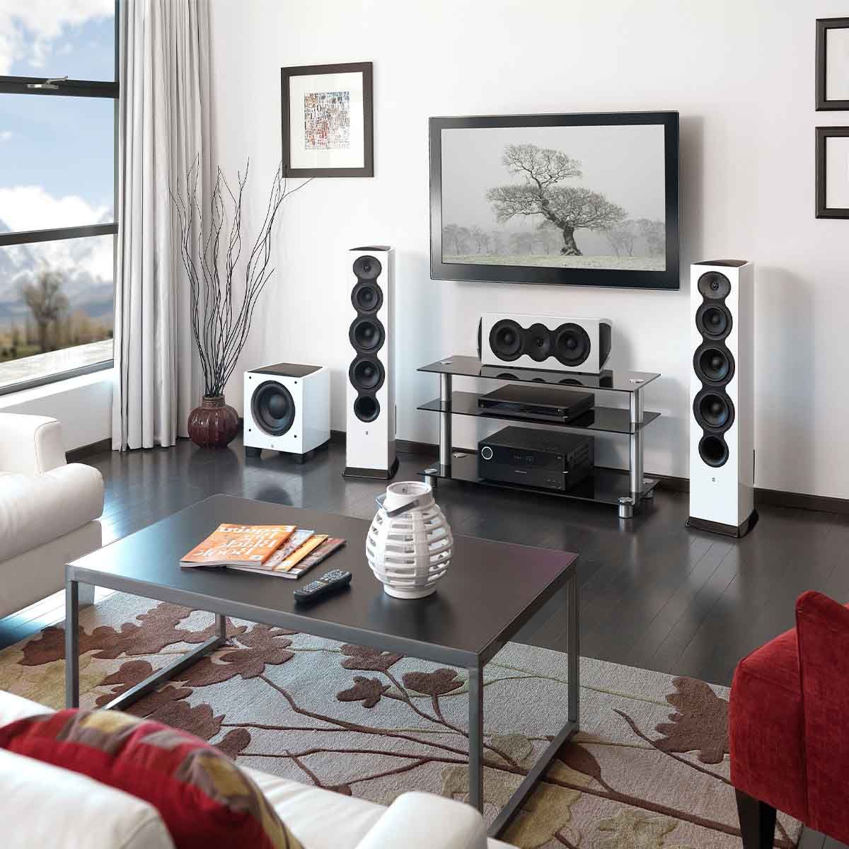 Revel F206 3-Way Floorstanding Tower Loudspeaker - White pair without grilles - lifestyle image (other devices sold separately)