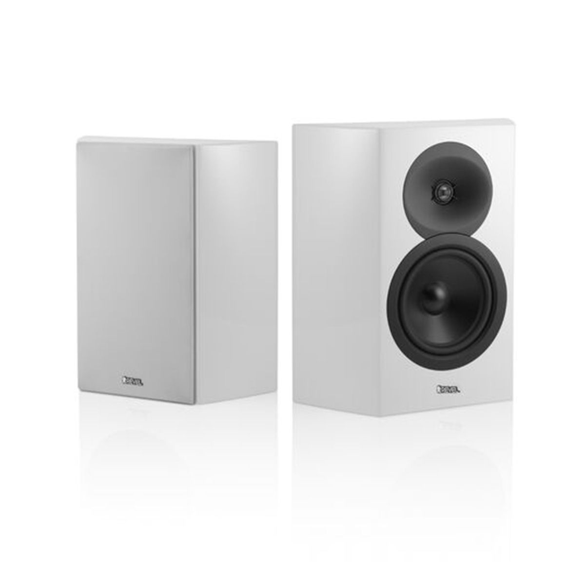 Revel Concerta2 S16 On-Wall Loudspeaker - white pair - angled front views, with grille, and without grille