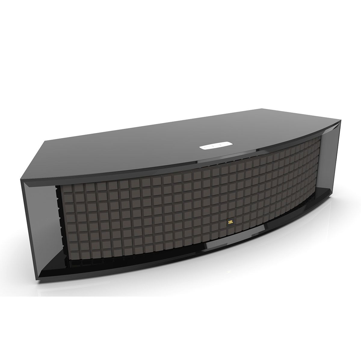 JBL L75 Music System - Limited Edition Gloss Black angled front view with grille
