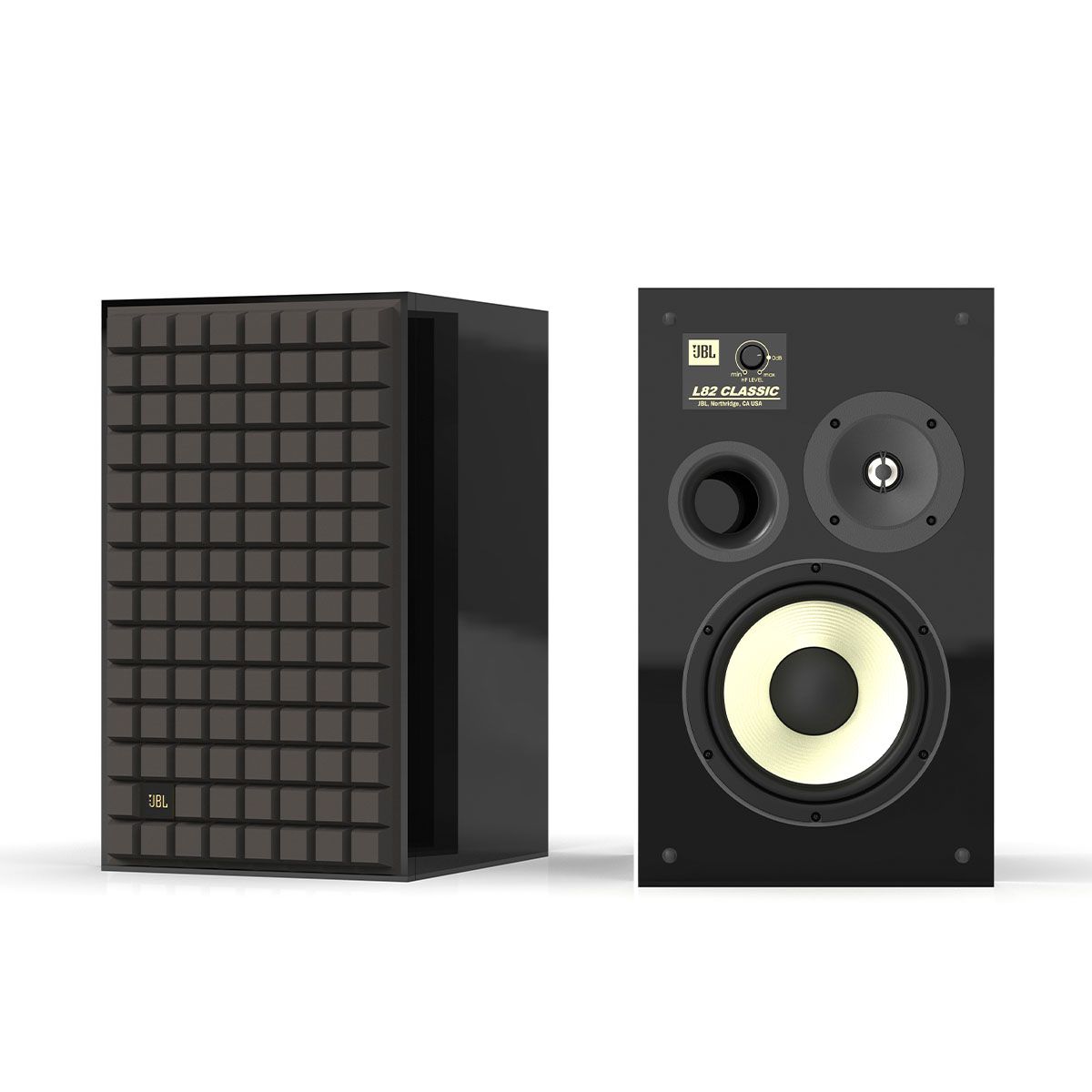 JBL L82 Classic Loudspeaker - Limited Edition Gloss Black - Pair angled front view of pair, one with grille, one without grille