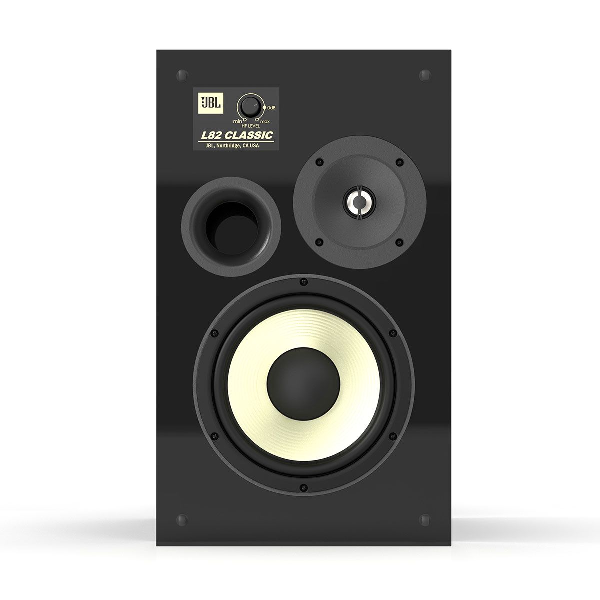JBL L82 Classic Loudspeaker - Limited Edition Gloss Black - Pair front view of single speaker without grille