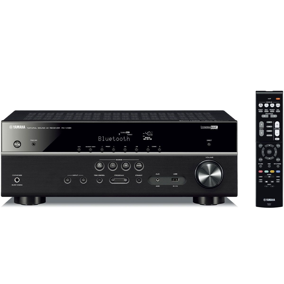 Yamaha RX-V385 5.1-Channel 4K Ultra HD AV Receiver - front view with remote