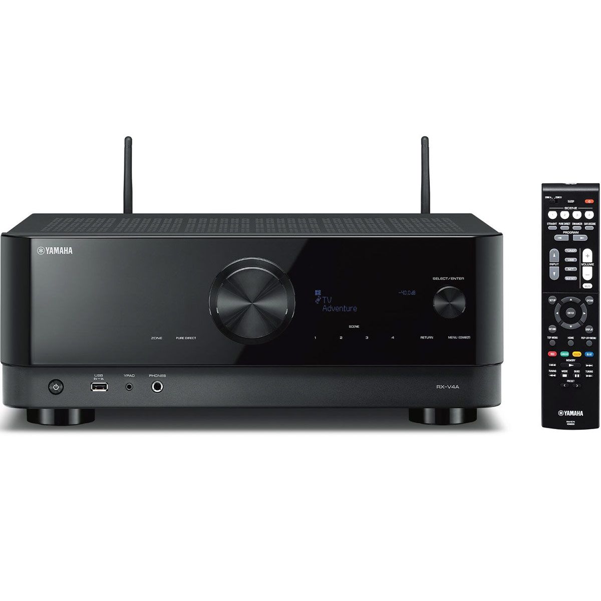 Yamaha RX-V4A 5.2-Channel AV Receiver - front view with remote and wifi antennas