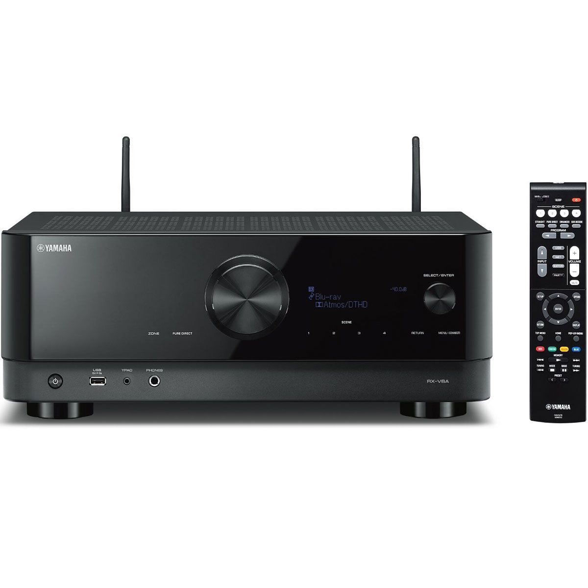 Yamaha RX-V6A 7.2-Channel AV Receiver - front view with remote and wifi antennas