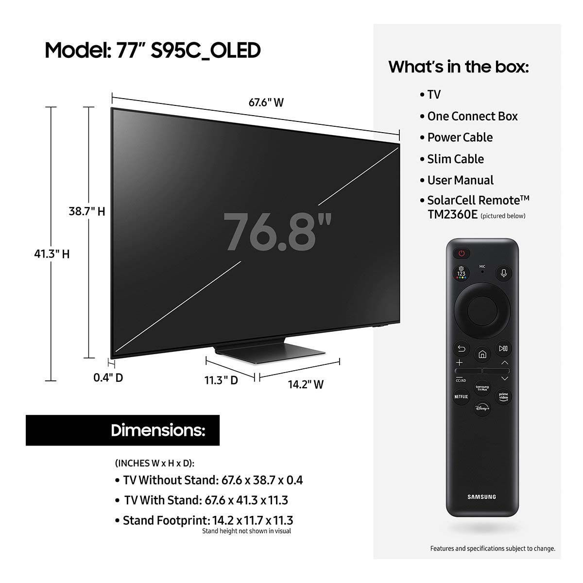 Samsung Class S95C OLED 4K Smart TV (2023) technical drawing