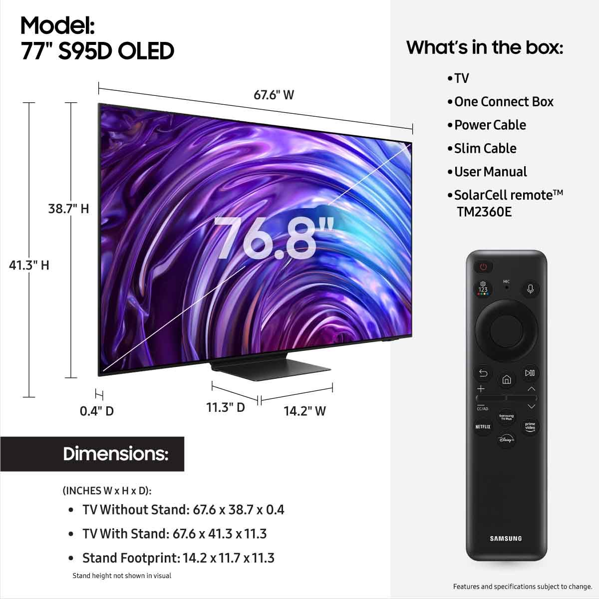 Samsung S95D OLED 4K Smart TV - 77" - dimensions and what's in the box