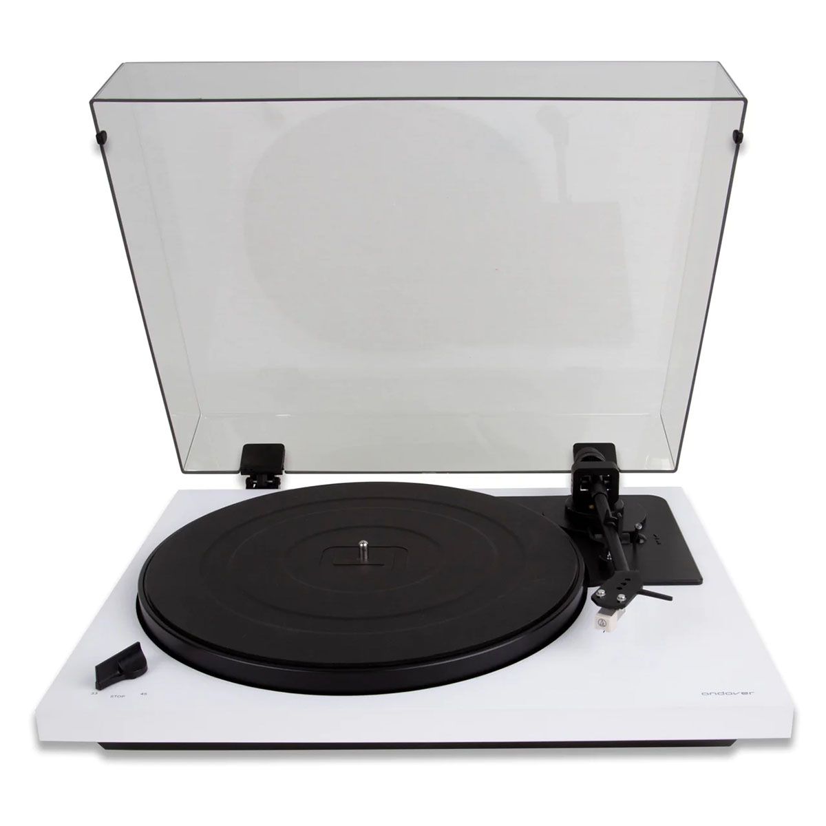 Andover Audio SpinDeck 2 Semi-Automatic Turntable - white with open dustcover, angled front view
