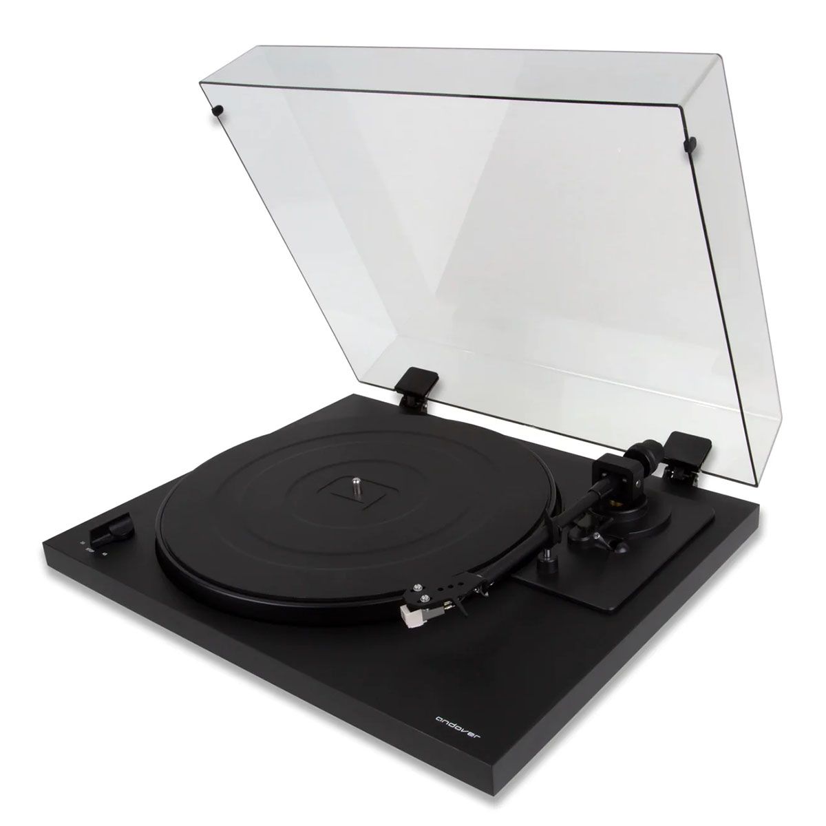 Andover Audio SpinDeck 2 Semi-Automatic Turntable - black with open dustcover, angled front-right view