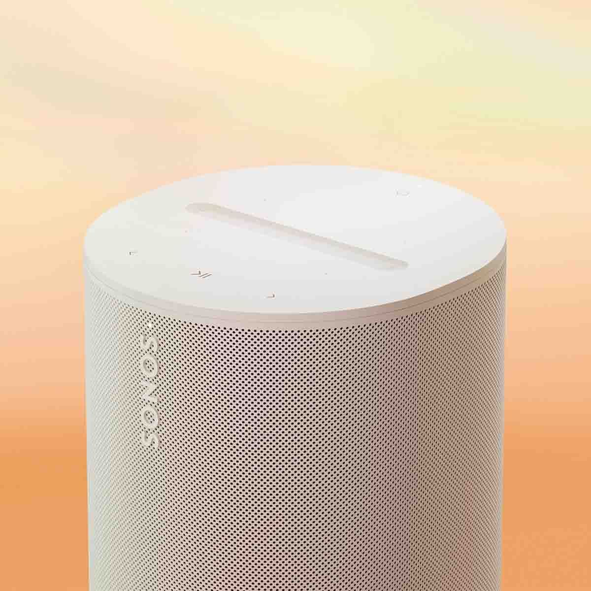 Sonos Era 100 Smart Speaker - White - angled top right view on tie-die background