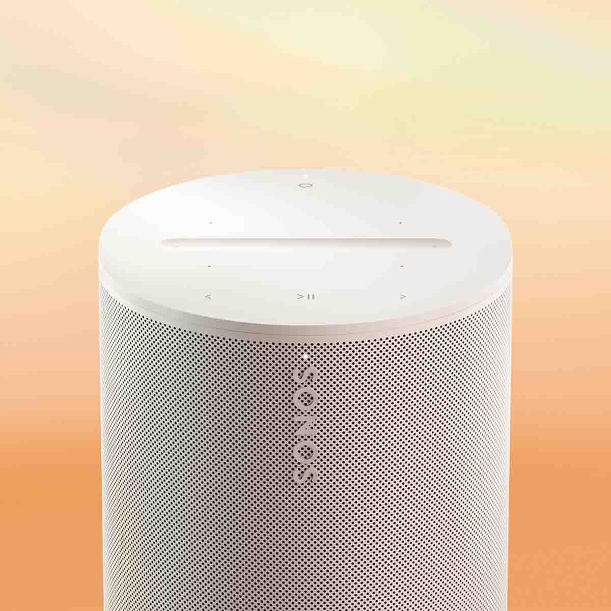 Sonos Era 100 Smart Speaker - White - angled top view view on tie-die background