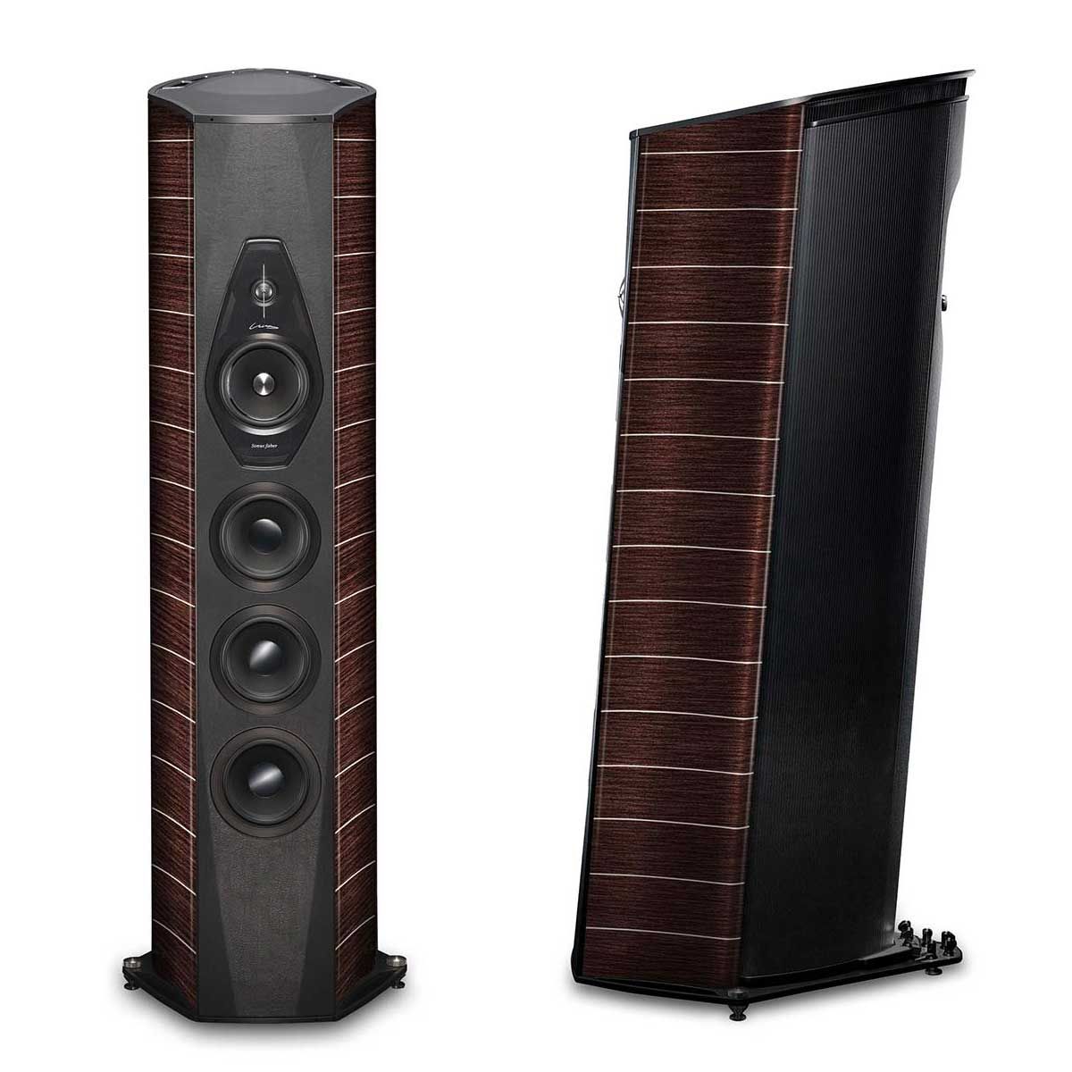 Front and side view of Sonus Faber Lilium Tower Speakers in wenge