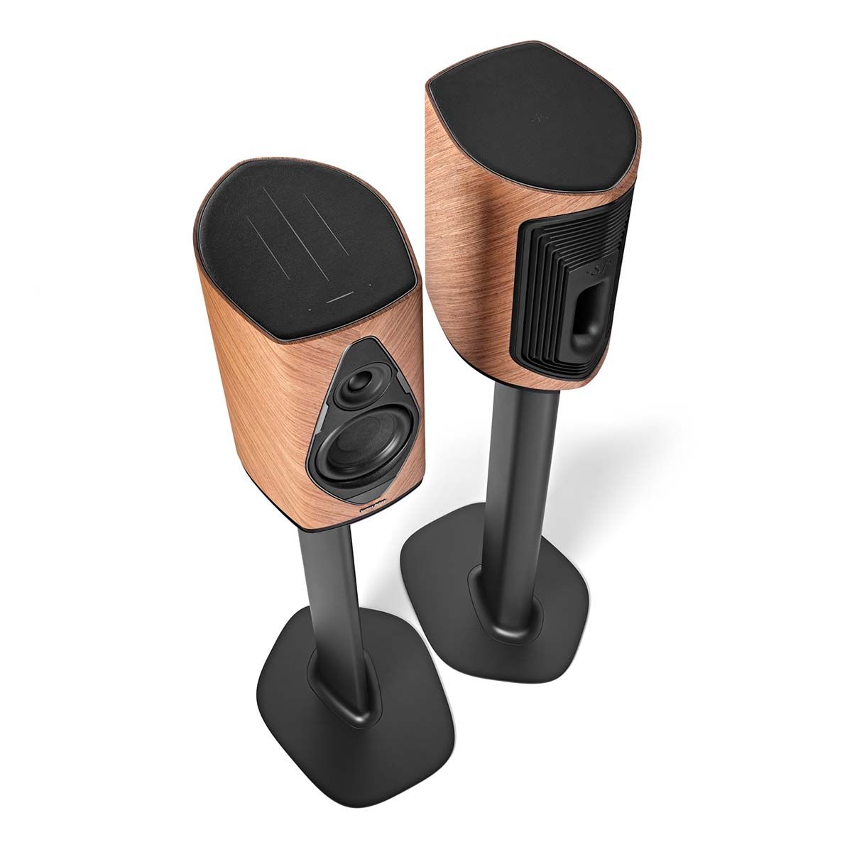 Sonus Faber Duetto Wireless Speaker System angled top view of pair on stands