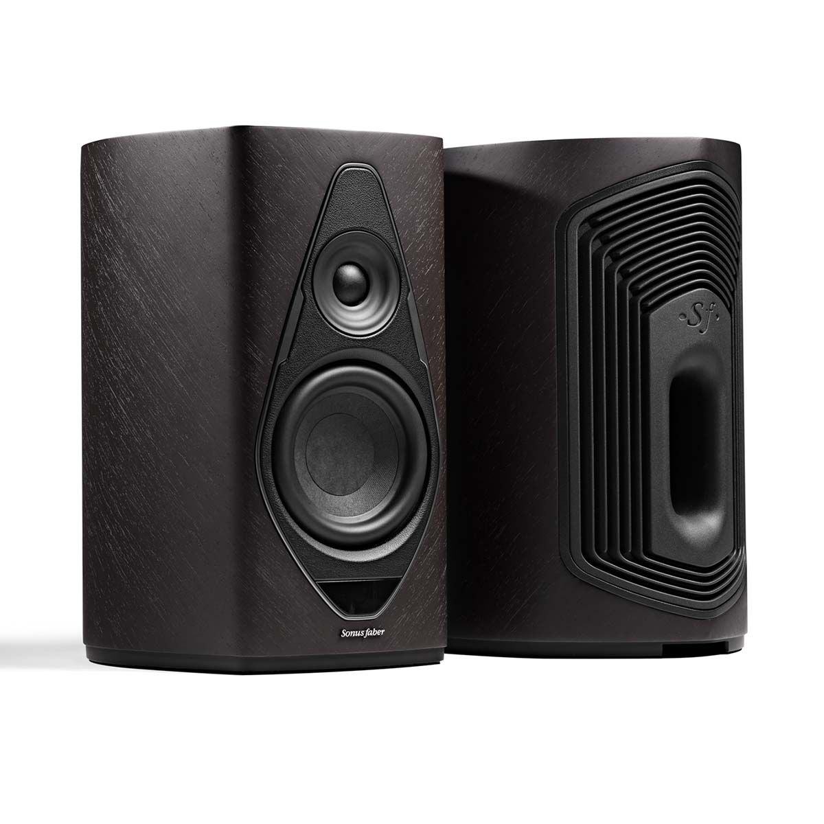 Sonus Faber Duetto Wireless Speaker System - Graphite view of pair, one forward facing, one rear facing