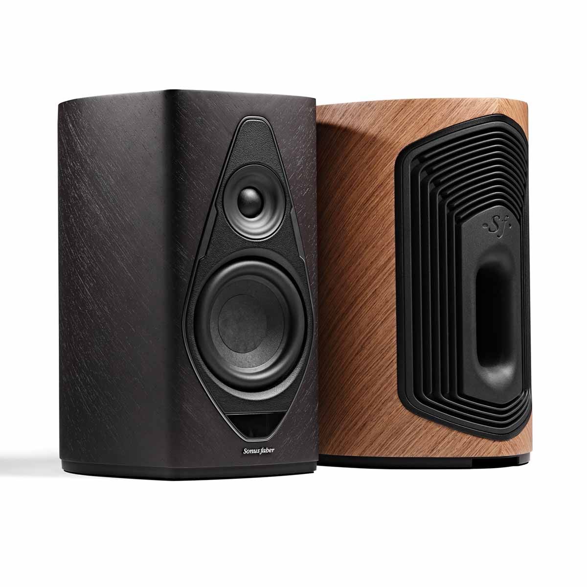 Sonus Faber Duetto Wireless Speaker System view of pair, Graphite forward facing, Walnut rear facing