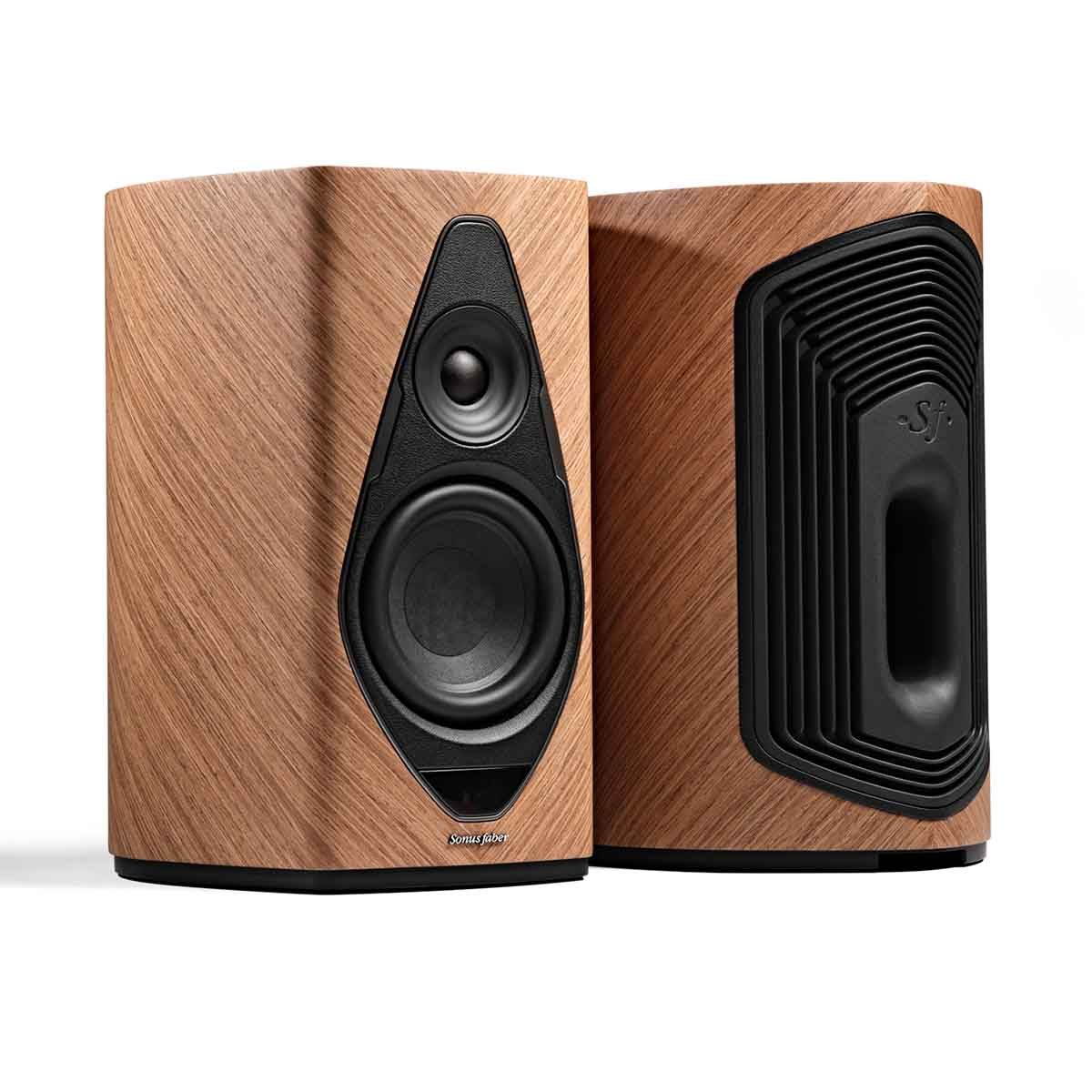 Sonus Faber Duetto Wireless Speaker System - Walnut view of pair, one forward facing, one rear facing