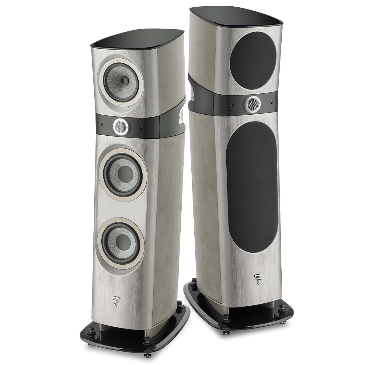 Focal Naim 10th Anniversary Edition Bundle - front view of Focal speaker pair with and without grille
