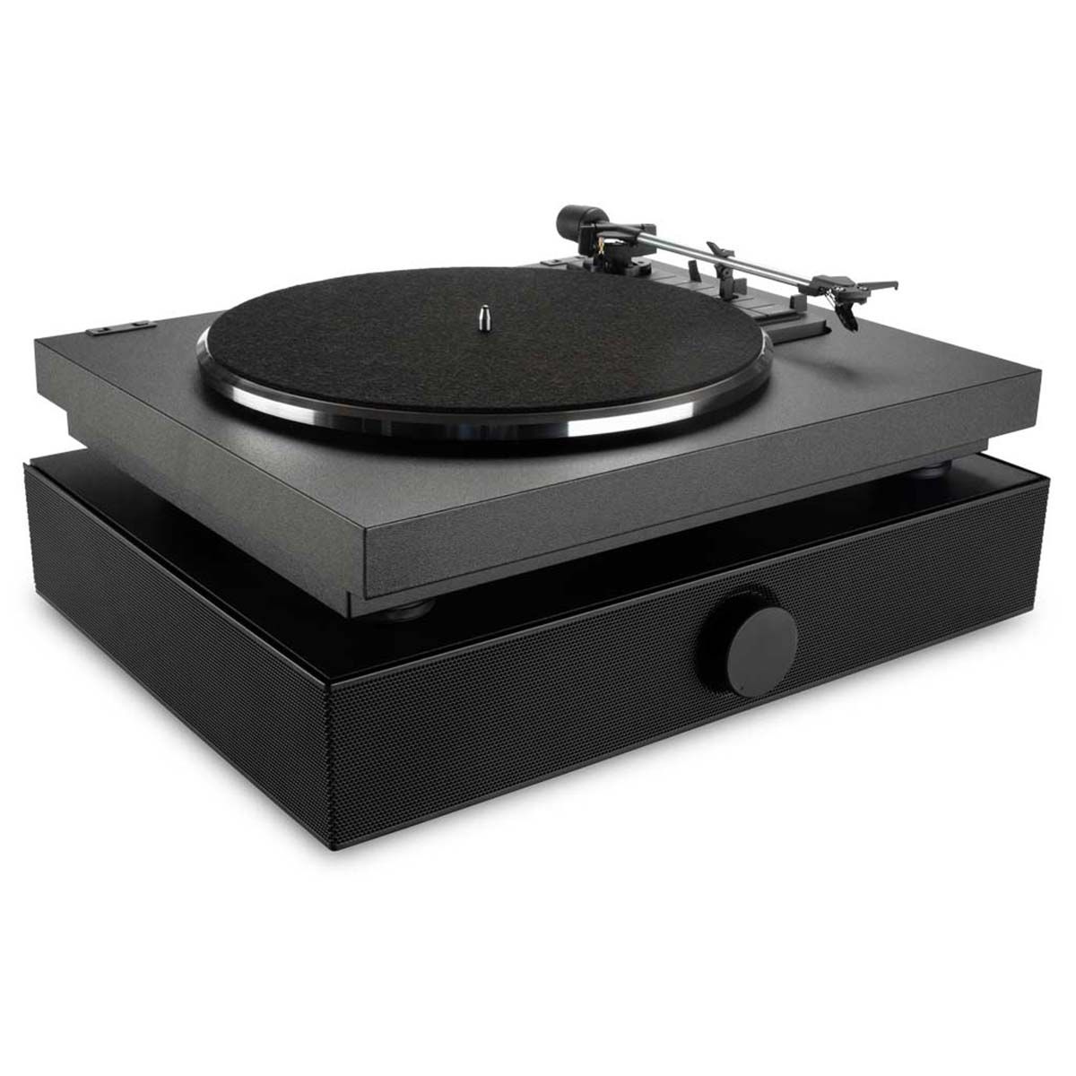 Andover SpinDeck Max Turntable, Black, front angle on top of SpinBase