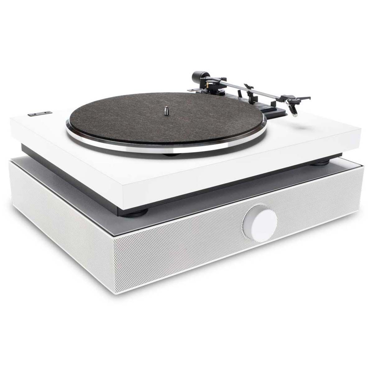 Andover SpinDeck Max Turntable, White, front angle, on top of SpinBase