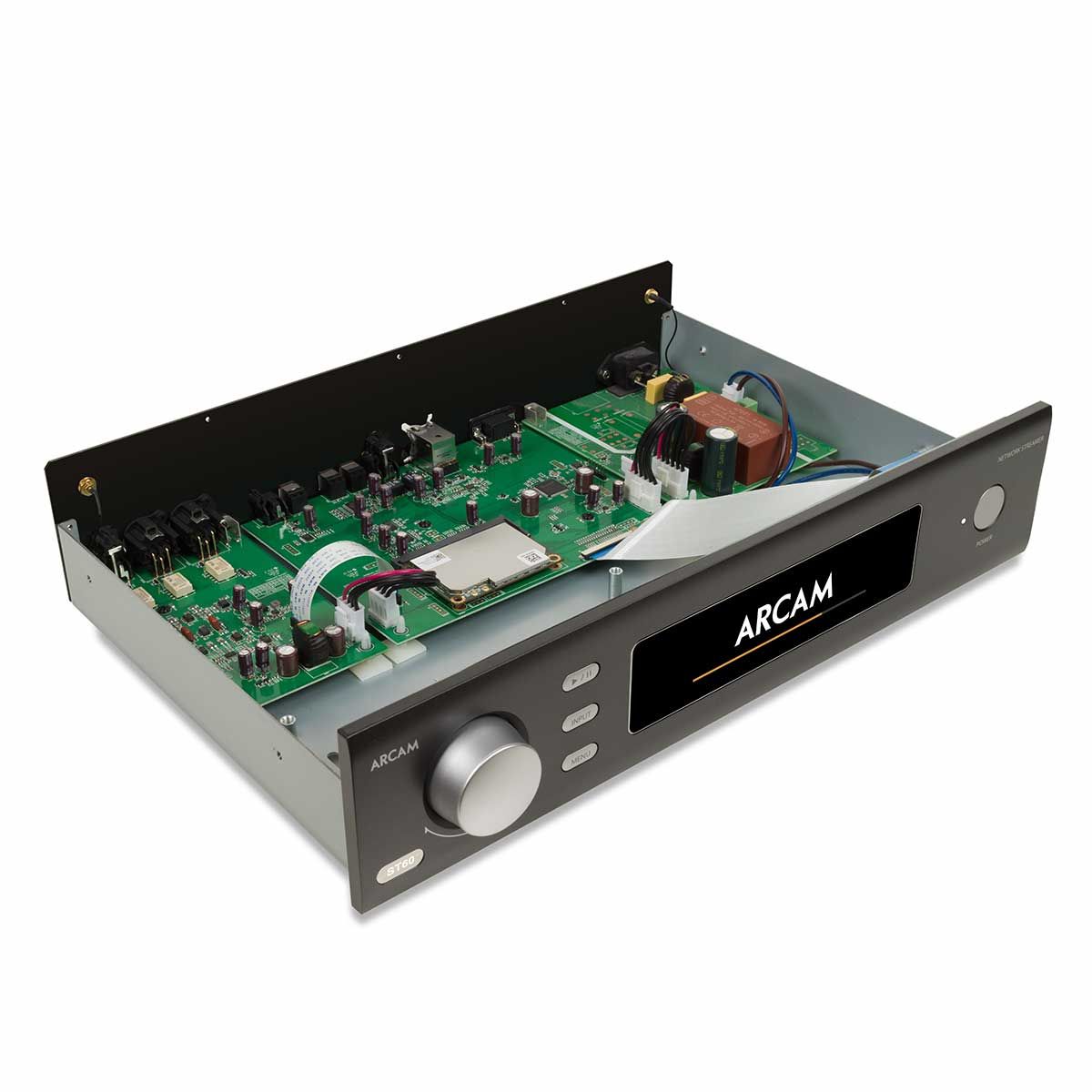 Arcam ST60 Streamer, Black, front top angle with view of circuit board