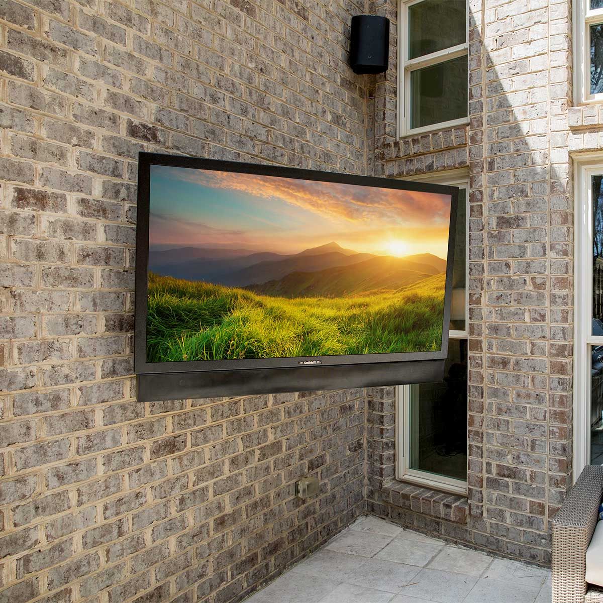 Sunbrite Signature 2 Partial Sun Outdoor 4K LED TV, mounted on exterior wall