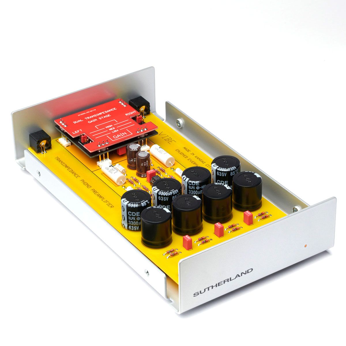 Sutherland TZ Vibe Phono Preamp, top angle view of internal components