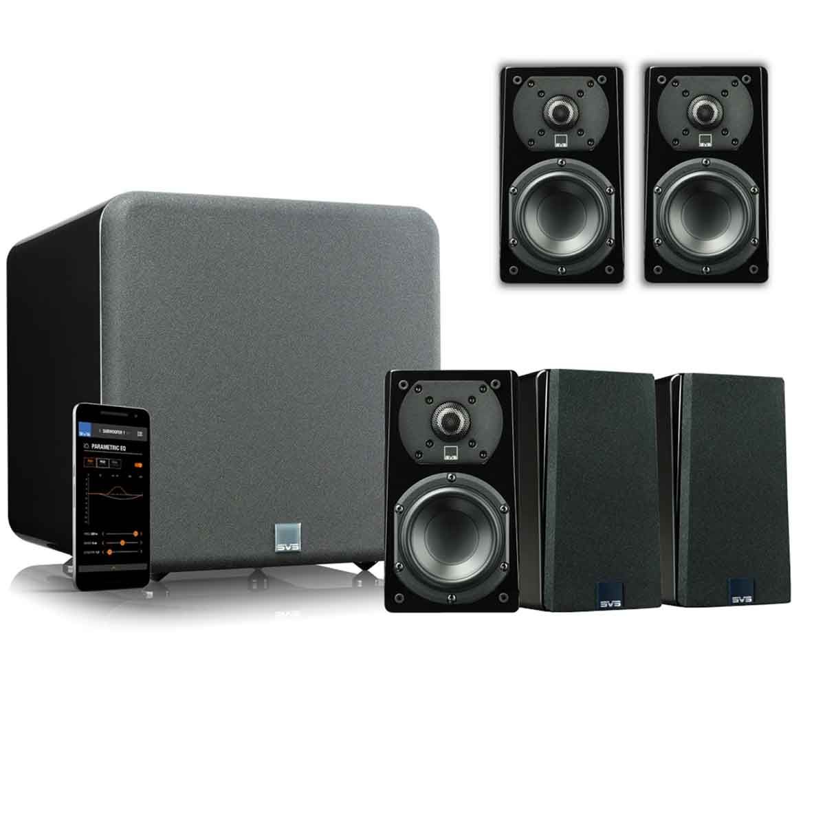 SVS Satellite Surround Sound System with SVS Satellite Speakers and SB-1000 Pro Subwoofer in Black color with the SVS app installed on a smartphone.
