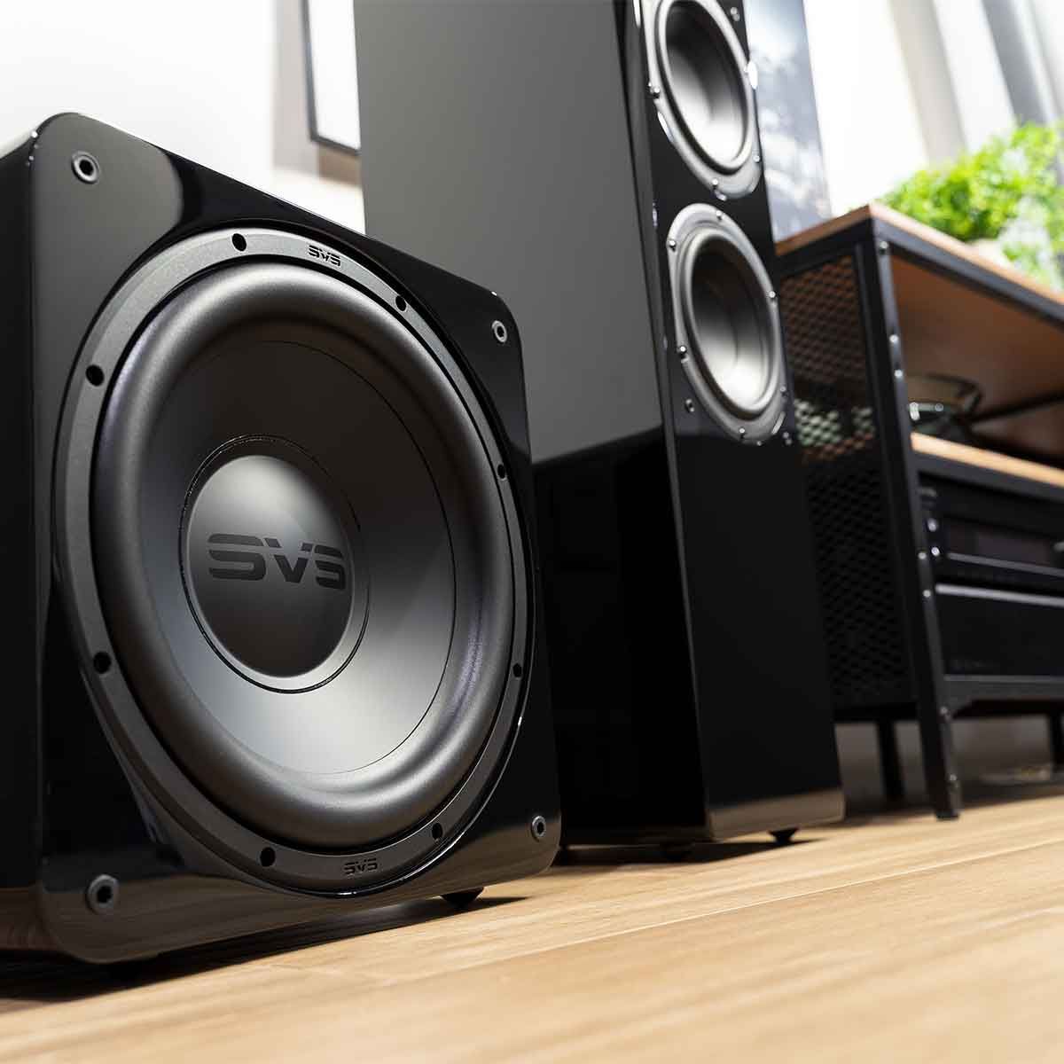close up of SVS SB-1000 Pro Series Subwoofer in a home theater room.