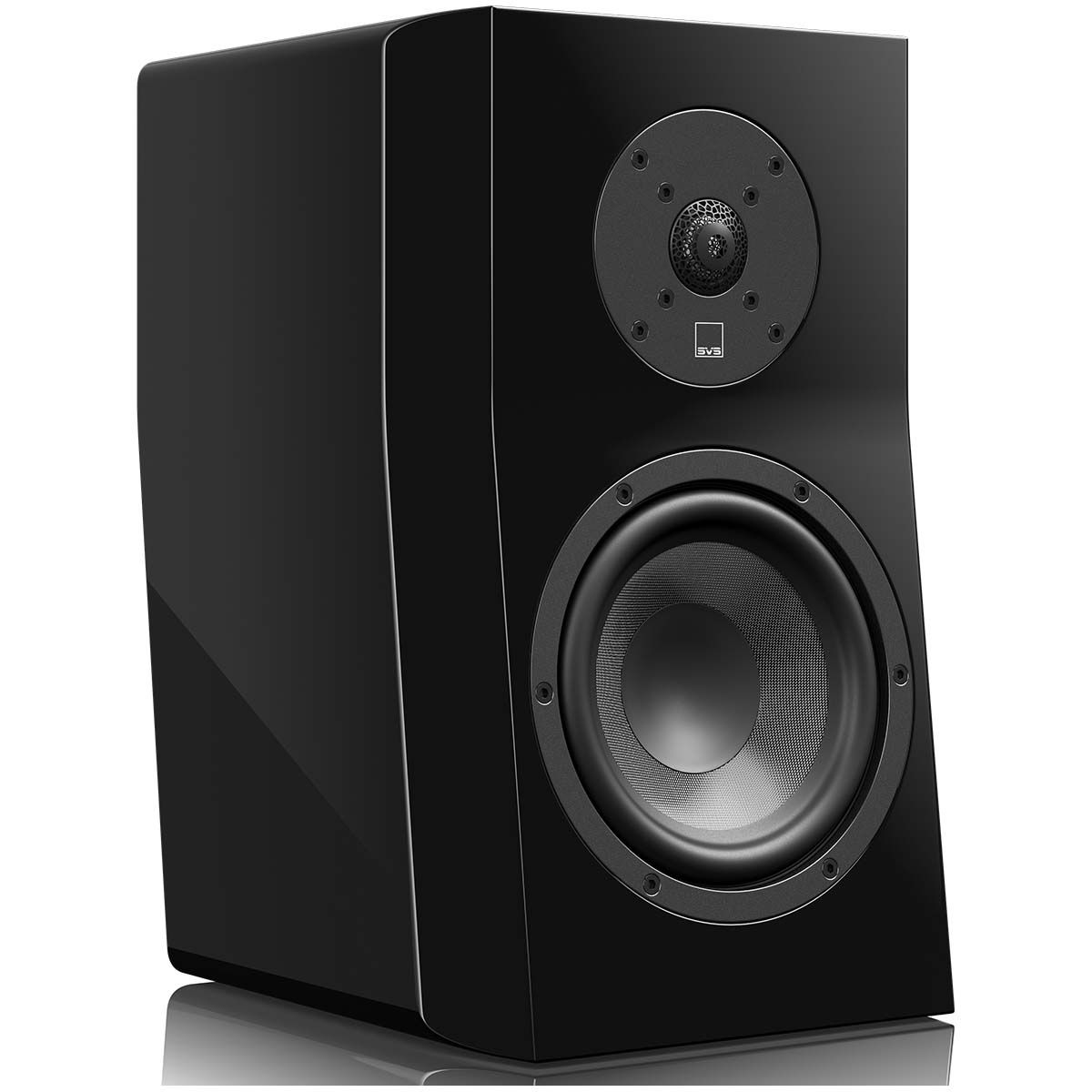 SVS Ultra Evolution Bookshelf Speaker - single piano black without grille - angled front view