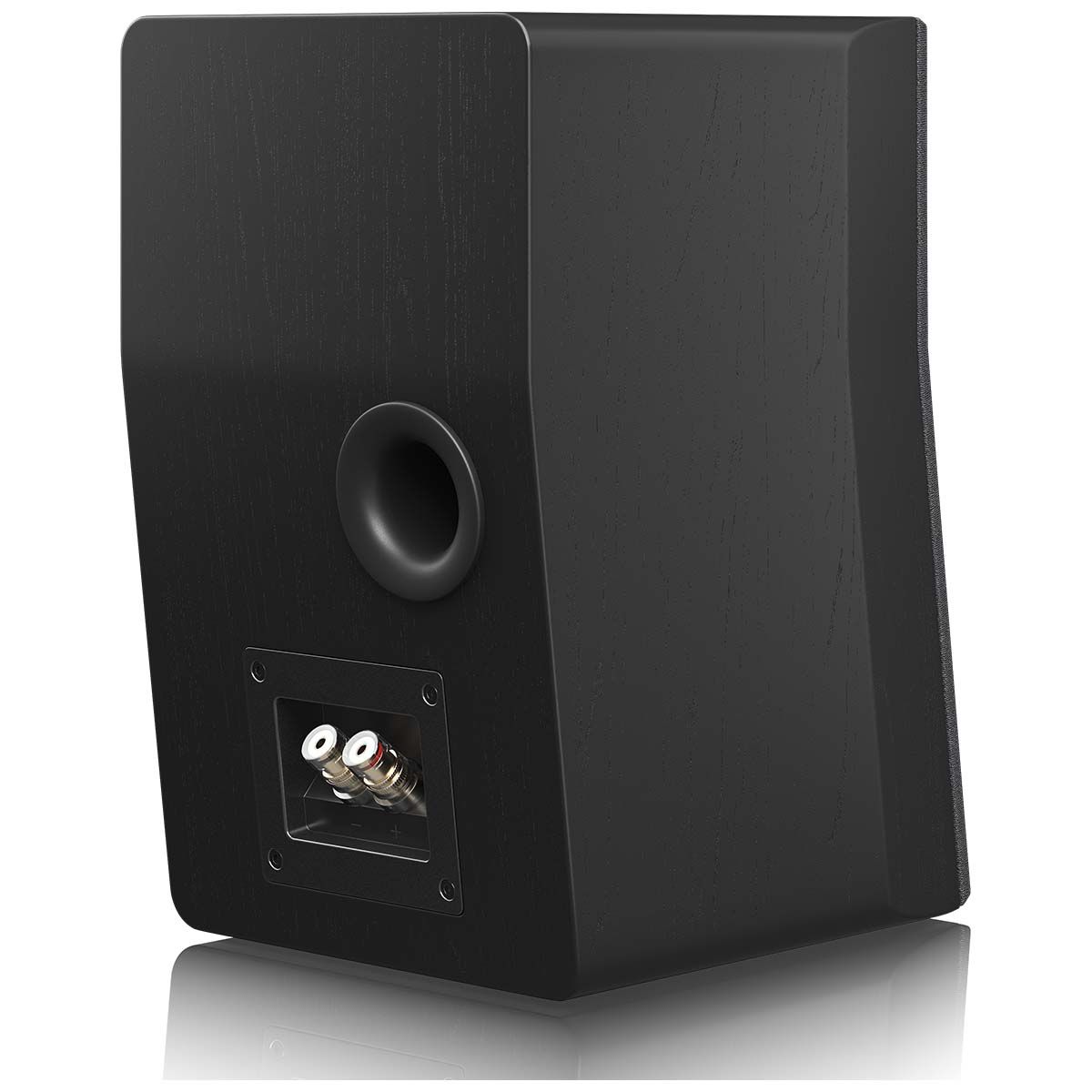 SVS Ultra Evolution Nano Bookshelf Speaker - single black oak with grille - angled rear view with components